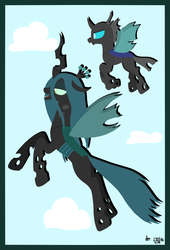 Size: 600x882 | Tagged: safe, artist:aracage, queen chrysalis, changeling, changeling queen, g4, cloud, female, flying, quadrupedal, smiling