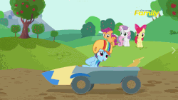 Size: 777x436 | Tagged: safe, screencap, apple bloom, applejack, rainbow dash, rarity, scootaloo, sweetie belle, pony, g4, the cart before the ponies, adorabloom, animated, cart, cute, cutealoo, cutie mark crusaders, diasweetes, discovery family logo, female, gif