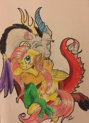 Size: 2257x3125 | Tagged: safe, artist:snowfoxythefox, discord, fluttershy, g4, colored, colored pencil drawing, colored sketch, eyes closed, female, finished version, floppy ears, high res, hug, male, ship:discoshy, shipping, smiling, straight, traditional art