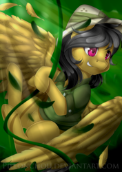 Size: 2893x4092 | Tagged: safe, artist:pillonchou, daring do, g4, clothes, crepuscular rays, female, hat, high res, solo, swinging, vine