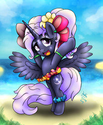 Size: 1024x1239 | Tagged: safe, artist:joakaha, oc, oc only, oc:night glow, alicorn, pony, alicorn oc, beach, bipedal, flower, flower in hair, hair bow, hawaiian flower in hair, hula, hula dance, lei, solo