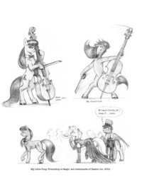 Size: 1081x1350 | Tagged: safe, artist:baron engel, octavia melody, oc, oc:petina, oc:sky brush, pegasus, pony, unicorn, g4, cello, female, grayscale, male, mare, monochrome, musical instrument, pencil drawing, stallion, traditional art, wingboner