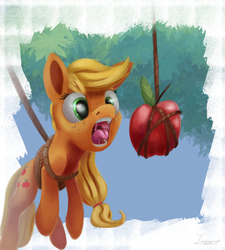 Size: 1800x2000 | Tagged: safe, artist:insanerobocat, applejack, earth pony, pony, g4, apple, female, food, hatless, missing accessory, open mouth, rope, silly, silly pony, solo, that pony sure does love apples, who's a silly pony