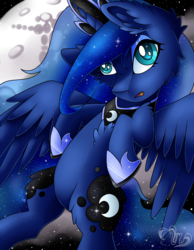 Size: 2329x3000 | Tagged: safe, artist:mychelle, princess luna, g4, chest fluff, ear fluff, female, flying, high res, mare in the moon, moon, solo