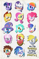 Size: 1350x2025 | Tagged: safe, artist:pixelkitties, applejack, big macintosh, bon bon, cheerilee, derpy hooves, dj pon-3, doctor whooves, fluttershy, lyra heartstrings, pinkie pie, rainbow dash, rarity, sweetie drops, time turner, trixie, twilight sparkle, vinyl scratch, earth pony, pony, g4, derp, glasses, male, mane six, stallion, underp