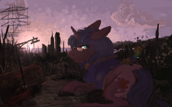 Size: 2400x1500 | Tagged: safe, artist:celestiawept, oc, oc only, oc:cee biscuit, oc:tea biscuit, fallout equestria, city, clothes, duo, glasses, jacket, macro, pipbuck, power line, ruins, sunset, wasteland