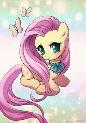 Size: 595x850 | Tagged: safe, artist:lindsay cibos, fluttershy, butterfly, g4, blushing, bowtie, cute, female, prone, shyabetes, solo