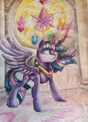 Size: 1944x2684 | Tagged: safe, artist:lunar-white-wolf, twilight sparkle, alicorn, pony, g4, elements of harmony, eyes closed, female, solo, spread wings, stained glass, traditional art, twilight sparkle (alicorn), watercolor painting