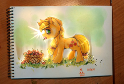 Size: 572x389 | Tagged: safe, artist:rizolate, applejack, g4, apple, backlighting, bucket, female, food, mouth hold, solo, traditional art