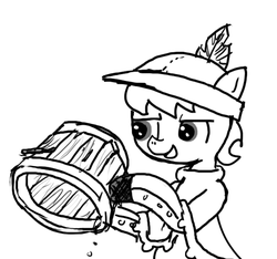 Size: 640x600 | Tagged: safe, artist:ficficponyfic, oc, oc only, oc:ruby rouge, earth pony, pony, colt quest, bucket, child, clothes, dress, feather, female, filly, foal, grin, hat, leggings, monochrome, smiling, sneer, solo focus, story included, tomboy, water
