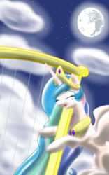 Size: 1200x1920 | Tagged: safe, artist:theroyalprincesses, princess celestia, lullaby for a princess, g4, crying, eyes closed, female, harp, mare in the moon, moon, musical instrument, night sky, open mouth, playing, solo, stars