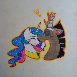 Size: 1936x1936 | Tagged: safe, artist:theauroralife, discord, princess celestia, g4, blushing, eyes closed, female, forehead kiss, heart, male, ship:dislestia, shipping, simple background, straight, traditional art