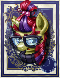 Size: 700x900 | Tagged: safe, artist:harwick, moondancer, harwick's sun/moon portraits, amending fences, g4, bust, clothes, female, glasses, portrait, solo, sweater