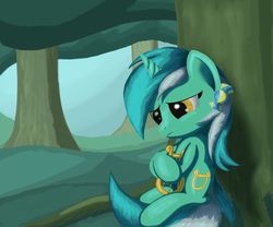 Size: 1200x1000 | Tagged: safe, artist:grennadder, lyra heartstrings, pony, unicorn, g4, female, grass, lyre, sad, solo, tree