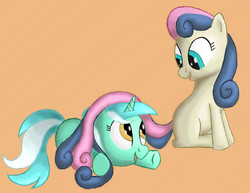 Size: 1590x1227 | Tagged: safe, artist:grennadder, bon bon, lyra heartstrings, sweetie drops, earth pony, pony, g4, adorabon, bon bon is amused, cute, duo, lyrabetes, simple background, smiling