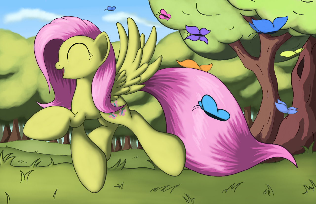 safe, artist:grennadder, <b>fluttershy</b>, butterfly, pony, g4, cloud, female, gr...