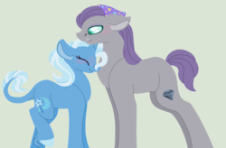 Size: 2432x1600 | Tagged: safe, artist:awkwardchiid, maud pie, trixie, classical unicorn, pony, unicorn, g4, blushing, female, horn, leonine tail, lesbian, mare, ship:mauxie, shipping, unshorn fetlocks, wrong cutie mark