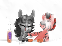 Size: 2893x2149 | Tagged: safe, artist:helloiamyourfriend, oc, oc only, oc:dinnea, oc:mallac, donkey, zebra, alcohol, drinking, high res