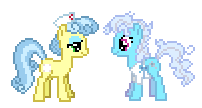 Size: 202x108 | Tagged: source needed, safe, artist:botchan-mlp, nurse coldheart, nurse snowheart, screw loose, pony, g4, desktop ponies, duo, female, lidded eyes, looking at each other, mare, pixel art, simple background, smiling, sprite, white background