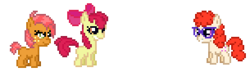 Size: 305x88 | Tagged: safe, artist:anonycat, artist:ponynoia, apple bloom, babs seed, twist, earth pony, pony, g4, adorababs, bow, cute, desktop ponies, female, filly, freckles, glasses, gritted teeth, hair bow, lidded eyes, pixel art, simple background, smiling, trio, twistabetes, white background