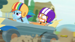 Size: 1280x720 | Tagged: safe, screencap, rainbow dash, scootaloo, pony, g4, the cart before the ponies, cart, driving, duo, helmet, open mouth, racing, seatbelt, steering wheel