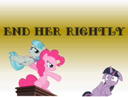 Size: 1164x885 | Tagged: safe, coco pommel, pinkie pie, twilight sparkle, alicorn, pony, g4, end him rightly, meme, name pun, pun, simple background, skallagrim (youtube), throwing, twilight sparkle (alicorn), visual pun