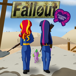 Size: 1600x1600 | Tagged: safe, artist:jake heritagu, spike, sunset shimmer, twilight sparkle, dog, equestria girls, g4, clothes, cloud, equestria girls logo, fallout, fanfic art, fanfic cover, female, gun, jumpsuit, rear view, rifle, shoes, sky, spike the dog, twilight sparkle (alicorn), vault suit, weapon