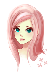 Size: 1435x2000 | Tagged: safe, artist:exceru-karina, fluttershy, human, g4, bust, female, humanized, looking at you, portrait, pretty, simple background, solo, white background