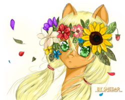 Size: 689x550 | Tagged: safe, artist:shedarsam, applejack, g4, female, floral head wreath, leaves, looking at you, petals, pigtails, solo