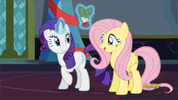 Size: 480x270 | Tagged: safe, screencap, fluttershy, rarity, pegasus, pony, unicorn, a hearth's warming tail, g4, animated, discovery family logo, female, holly, mistleholly, non-looping gif