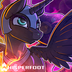 Size: 1280x1280 | Tagged: safe, artist:whisperfoot, nightmare moon, g4, female, fire, smiling, solo