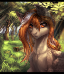 Size: 757x868 | Tagged: safe, artist:rrusha, oc, oc only, oc:silver chain, pegasus, pony, bust, chest fluff, crepuscular rays, forest, letterboxing, lineless, looking at you, painterly, portrait, solo, sunlight