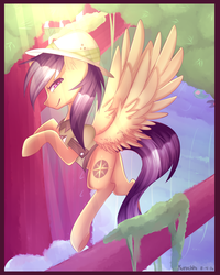 Size: 2000x2500 | Tagged: safe, artist:kurochhi, daring do, g4, clothes, crepuscular rays, female, floating, hat, high res, solo