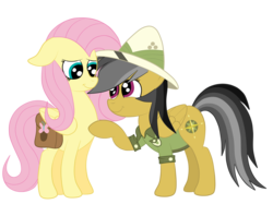 Size: 2592x1936 | Tagged: safe, artist:squipycheetah, a.k. yearling, daring do, fluttershy, pony, g4, clothes, cute, daringshy, female, floppy ears, friendshipping, happy, lesbian, looking down, looking up, mare, raised hoof, reassurance, saddle bag, shipping, shyabetes, simple background, smiling, transparent background, vector