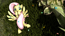 Size: 1920x1080 | Tagged: safe, artist:essman009, fluttershy, butterfly, g4, 3d, covering, cute, female, grass, scrunchy face, shadow, shy, shyabetes, solo, source filmmaker, spread wings, tail covering