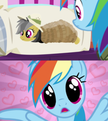 Size: 858x964 | Tagged: safe, edit, edited screencap, screencap, daring do, rainbow dash, pegasus, pony, g4, stranger than fan fiction, body pillow, daring daki, hat, heart, reaction, tied up