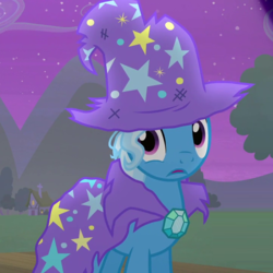 Size: 720x720 | Tagged: safe, screencap, trixie, pony, unicorn, g4, no second prances, cape, clothes, cropped, cute, diatrixes, female, hat, mare, messy mane, open mouth, solo, torn clothes, trixie's cape, trixie's hat