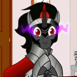 Size: 640x640 | Tagged: safe, artist:sillyfillystudios, king sombra, pony, unicorn, g4, animated, cropped, cute, hooves together, male, smiling, solo, sombra eyes, sombradorable, the adventures of donut steel, youtube link