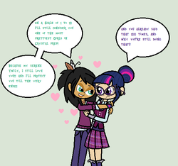 Size: 519x485 | Tagged: safe, artist:obeliskgirljohanny, sci-twi, twilight sparkle, oc, oc:embry, equestria girls, g4, clothes, crystal prep academy uniform, dialogue, feather, glasses, hug, humanized, humanized oc, native american, school uniform, speech bubble