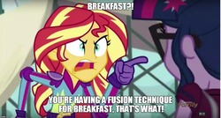 Size: 1280x687 | Tagged: safe, edit, edited screencap, screencap, sci-twi, sunset shimmer, twilight sparkle, equestria girls, g4, caption, dragon ball, dragon ball z, fusion, image macro, meme, sunset yells at twilight