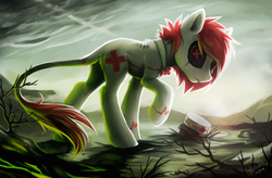 Size: 1147x752 | Tagged: safe, artist:hioshiru, oc, oc only, fallout equestria, collar, looking at you, looking back, nurse, red cross, scar, solo, stitches