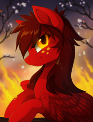 Size: 690x900 | Tagged: safe, artist:hioshiru, oc, oc only, pegasus, pony, fire, looking at you, side view, smiling, smiling at you, solo, wings