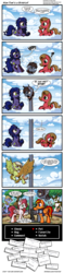 Size: 1280x5388 | Tagged: safe, artist:gray--day, oc, oc only, oc:grey, oc:pun, oc:strawberry glimmer, oc:tech talk, bat pony, pony, bojack horseman, book, clothes, cloud, comic, confused, dialogue, expanding, fangs, flying, fourth wall, freckles, goggles, lesser dog, long neck, looking at you, looking up, nope.avi, petting, reading, reference, scarf, spread wings, strawtech, tongue out, unamused, undertale