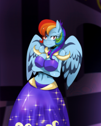 Size: 3224x4021 | Tagged: safe, artist:traupa, rainbow dash, anthro, g4, abs, belly button, big breasts, blushing, breasts, busty rainbow dash, cleavage, clothes, crossed arms, dress, female, grand galloping gala, looking at you, midriff, rainbow dash always dresses in style, smiling, solo