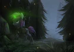 Size: 1032x729 | Tagged: safe, artist:hioshiru, oc, oc only, oc:theo, pony, unicorn, clothes, fog, forest, glowing horn, horn, jacket, magic, solo