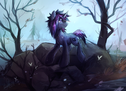 Size: 885x641 | Tagged: safe, artist:hioshiru, oc, oc only, oc:theo, pony, unicorn, clothes, fog, forest, jacket, looking back, solo, transparent flesh