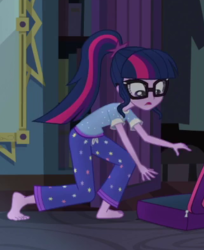 Size: 321x394 | Tagged: safe, screencap, sci-twi, twilight sparkle, equestria girls, g4, my little pony equestria girls: legend of everfree, barefoot, clothes, feet, female, legend of everfeet, pajamas, ponytail