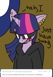 Size: 486x700 | Tagged: artist needed, safe, twilight sparkle, g4, ask, clothes, ear piercing, earring, edgy, female, hoodie, jewelry, lip piercing, open mouth, piercing, smirk, solo, sunglasses, tattoo, tumblr