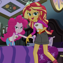 Size: 460x460 | Tagged: safe, screencap, pinkie pie, sunset shimmer, equestria girls, g4, my little pony equestria girls: legend of everfree, bed, bedroom, cropped, duo, lidded eyes, out of context