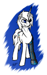 Size: 862x1354 | Tagged: safe, artist:speed-chaser, oc, oc only, oc:lunar light, pony, unicorn, amputee, gift art, prosthetic limb, prosthetics, simple background, solo, transparent background